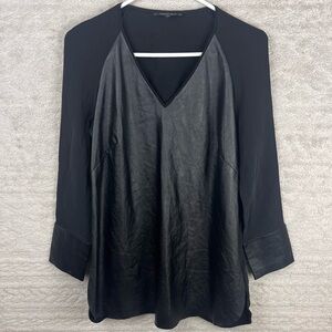 LAYFAYETTE 148 Shae Black Blouse Silk Faux Leather Size 6 Side Zip V-Neck